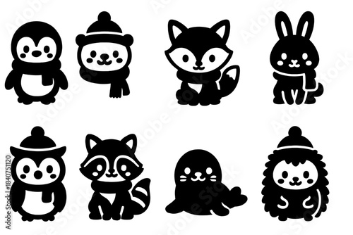 Kawaii Winter Icons. Kawaii winter animals. Filled icon set of kawaii winter animals: kawaii penguin, kawaii