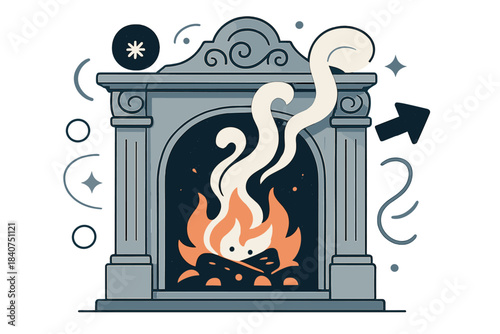 Retro Fireplace Scene. Vintage fireplace. Ornate stone frame with curling smoke and warm embers glowing inside