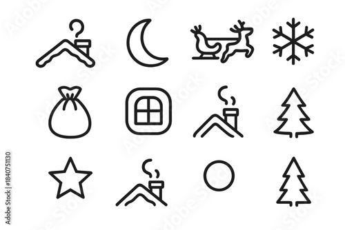 Christmas Roof Icons. Christmas Roof Scene. Line outline icon set of Christmas Roof Scene: house roof, chimney