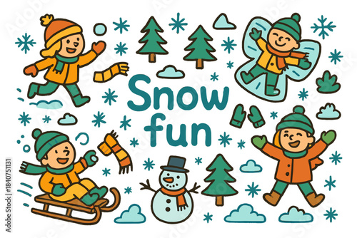 Playful Snow Adventure. Snow fun. Hand-drawn doodle illustration of snow fun. Kids sledding, snowballs, snow