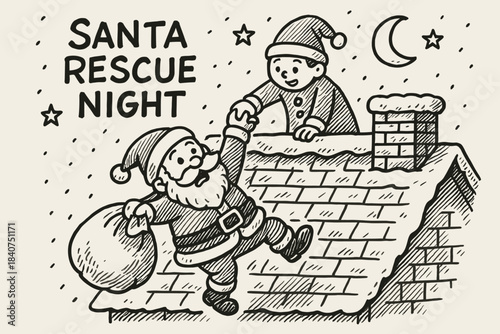 Santa's Night Rescue. Santa rescue night. Hand-drawn doodle illustration of Santa rescue night.