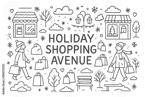 Holiday Shopping Doodles. Holiday shopping avenue. Hand-drawn doodle illustration of Holiday shopping avenue.