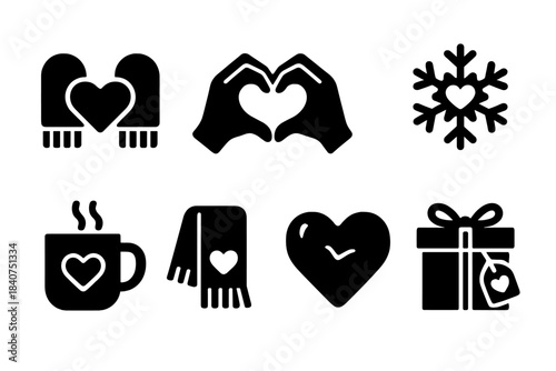 Winter Love Icons. Love in winter. Filled icon set of love in winter: mittens holding heart, hands forming