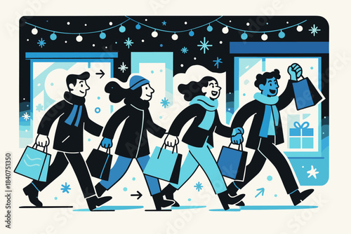 Nighttime Boutique Stroll. Night shoppers. Group of friends walking past glowing boutiques with gift bags in