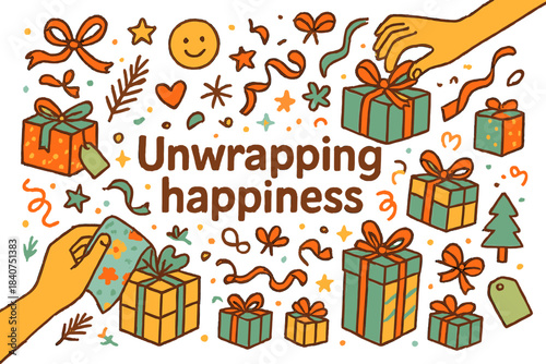 Unwrapping Joy. Unwrapping happiness. Hand-drawn doodle illustration of unwrapping happiness. Hands opening