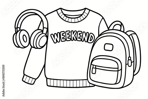 Kids' Weekend Outfit Layout. Weekend outfit flat lay children?s coloring book illustration, outlined drawing,