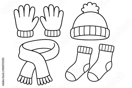 Children's Winter Accessories. Warm accessories flat lay children?s coloring book illustration, outlined