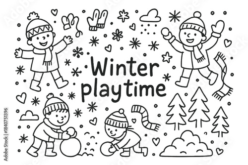 Winter Playtime Doodle. Winter playtime. Hand-drawn doodle illustration of Winter playtime. kids, snowflakes,