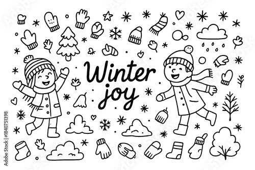 Winter Joy Doodle. Winter joy. Hand-drawn doodle illustration of Winter joy. kids, snowflakes, hats, scarves,