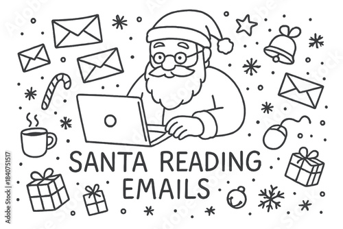 Santa's Email Break. Santa reading emails. Hand-drawn doodle illustration of Santa reading emails. laptop,
