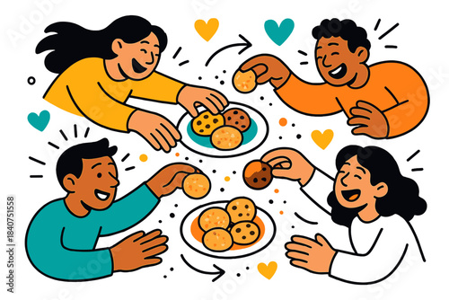 Joyful Cookie Exchange. Cookie exchange. Several plates of cookies being shared between friends, hands