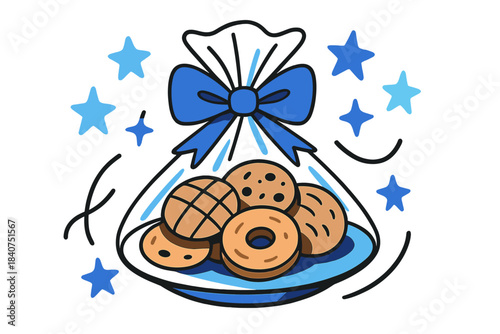 Cookie Gift Plate. Cookie gift plate. A plate wrapped in cellophane and tied with a bow, filled with cookies