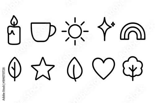 Minimalist lifestyle outline icon set: nature, daily habits, and wellness symbols