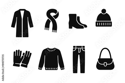 Cozy Outfit Icons. Cozy outfit flat lay. Filled icon set of cozy outfit flat lay: long coat, warm scarf,