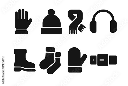 Winter Accessories Icons. Winter accessories. Filled icon set of winter accessories: gloves, beanie, scarf,