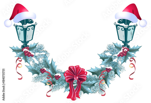Christmas garland with vintage lanterns, Santa hat, pine branches anh bow. Winter New Year design card.