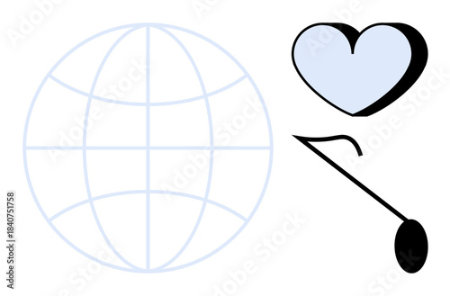 Global connection, music appreciation, emotional expression, cultural diversity, creativity, worldwide unity. Globe with gridlines, heart and musical note. Global connection and music appreciation