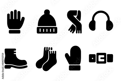 Winter Accessories Icons. Winter accessories. Filled icon set of winter accessories: gloves, beanie, scarf,