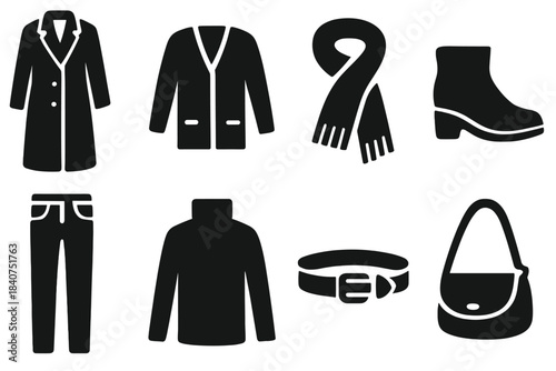 Layered Outfit Icons. Layered outfit. Filled icon set of layered outfit: long coat, cardigan, scarf, boots,