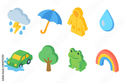 Weather and nature, 3d icon set. Rain, umbrella, tree, frog, rainbow, water, car