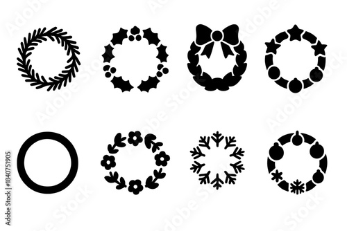 Christmas Wreath Icons. Christmas wreaths. Filled icon set of Christmas wreaths: pine wreath, holly wreath,