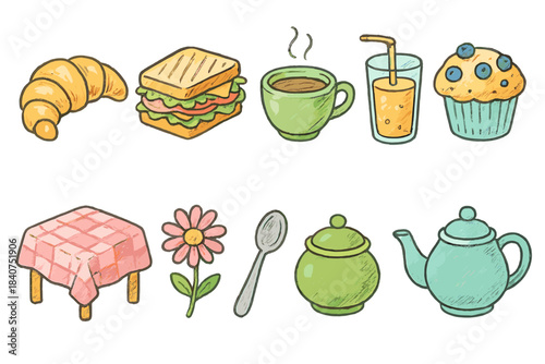 Food and drink icon set. Cute, hand-drawn, outline style for cafes and recipes
