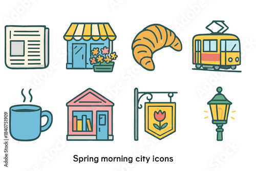 Spring morning city flat icon set. Urban, cafe, tram, bookshop, bakery icons collection