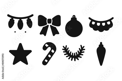 Tree Decorations Icons. Tree decorations. Filled icon set of tree decorations: string lights, ribbon bow,