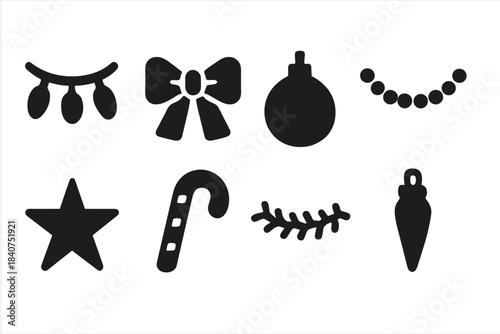 Tree Decorations Icons. Tree decorations. Filled icon set of tree decorations: string lights, ribbon bow,