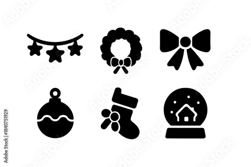 Festive Decor Icons. Festive home decor. Filled icon set of festive home decor: garland, wreath, ribbon bow,