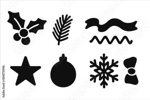 Christmas Icon Set. Christmas trims. Filled icon set of Christmas trims: holly branch, pine needles, ribbon,