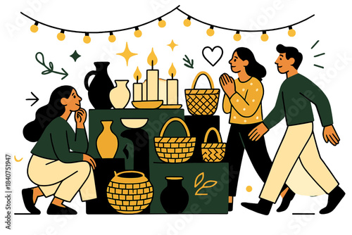 Artisan Marketplace Glow. Artisan corner. Pottery, candles, and woven baskets glowing under fairy lights.