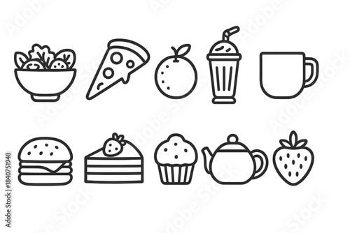 Food and drink linear icon set: pizza, cup, dessert, beverage, tea, fruit icons collection