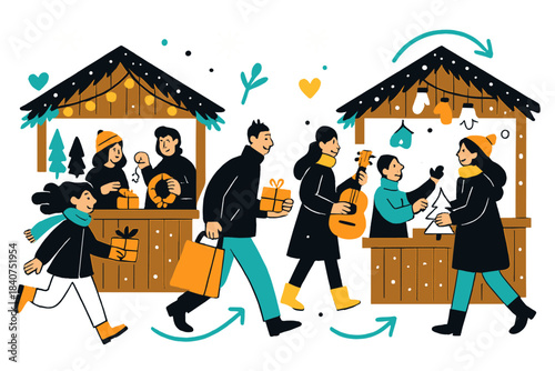 Festive Snowy Bazaar. Holiday bazaar. Rows of small wooden booths decorated with garlands and lights. People