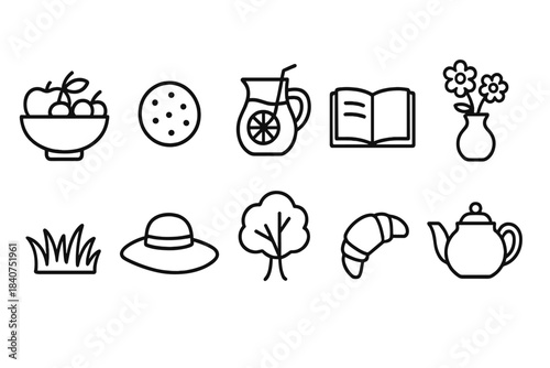 Food and drink outline icon set. Picnic, nature, hat, and book icons collection.