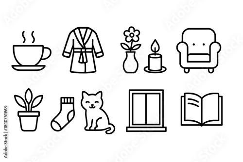 Home comforts line icons. Cozy, relaxation, home essentials linear icon set