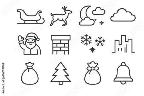 Christmas Flight Icons. Christmas Flight. Line outline icon set of Christmas Flight: sleigh silhouette,