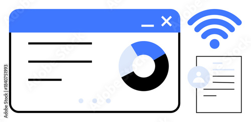Data visualization, remote work, analytics reporting, wireless technology, online document exchange, cloud services. Pie chart on a browser window, wireless signal and a document. Data visualization