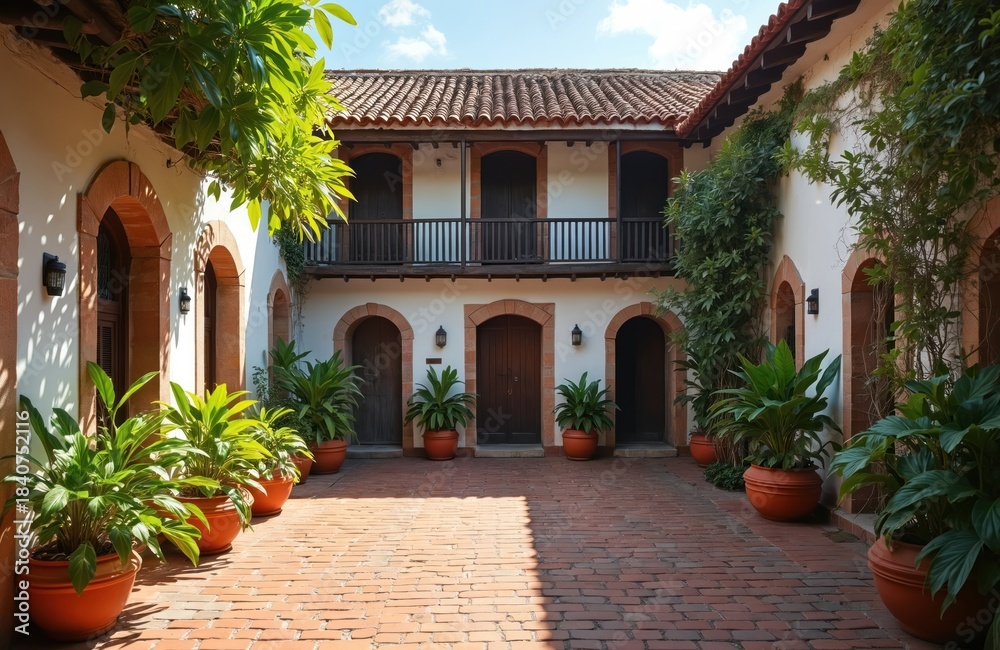 Fototapeta premium White colonial courtyard house with terracotta roof tiles and lush green plants. Spanish architecture with arched doorways and wooden balconies, sunny daytime exterior.