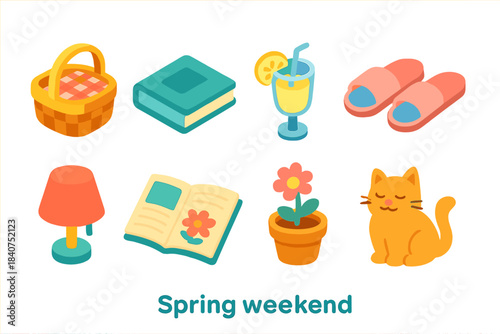 Spring weekend flat icon set. Leisure, relaxation, seasonal symbols collection.