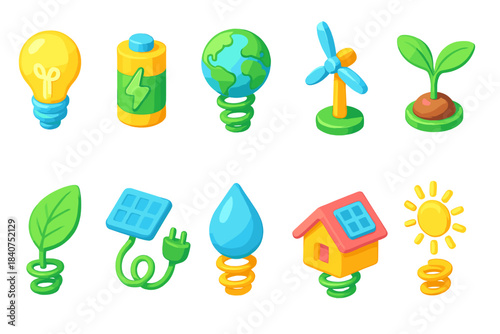 Eco-friendly energy 3d icon set. Sustainability, renewable power icons collection