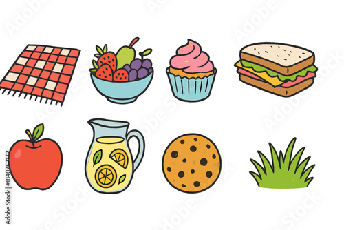 Picnic and food doodle icon set in sketchy style with vibrant hand-drawn elements