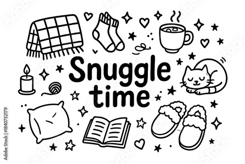 Snuggle Time Doodle. Snuggle time. Hand-drawn doodle illustration of snuggle time. Wool blanket, socks, cup of