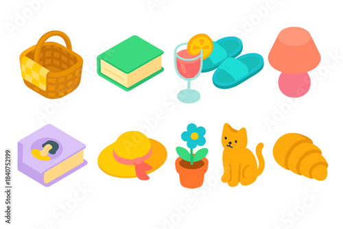 Home and leisure icon set. Cozy, relaxed, vibrant, flat icons for everyday life