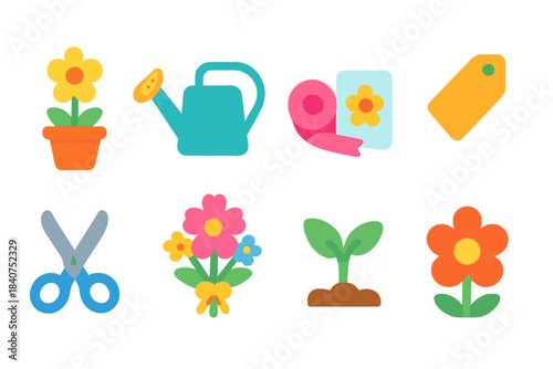 Gardening, horticulture flat icon set. Garden tools, plants, and flowers icons