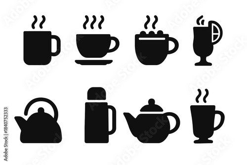 Warm Beverage Icons. Warm beverages. Filled icon set of warm beverages: coffee mug, tea cup, cocoa cup, mulled