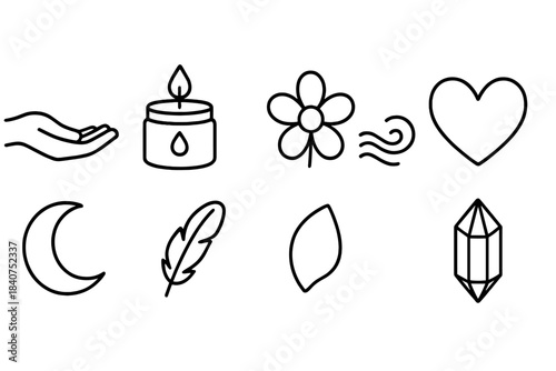 Spiritual, wellness line icon set. Meditation, healing symbols outline collection