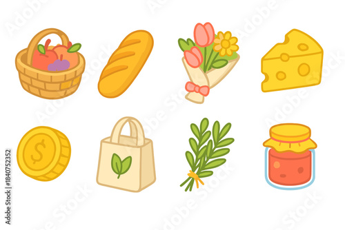 Grocery, food, shopping flat icon set: market, organic, basket, cheese, bread