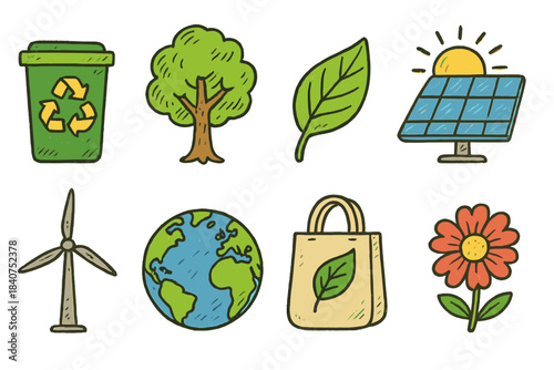 Eco-friendly, sustainability icon set. Nature, environment protection icons, hand-drawn style