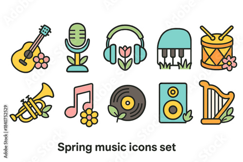 Spring music icon set. Floral, musical flat icons collection with nature elements